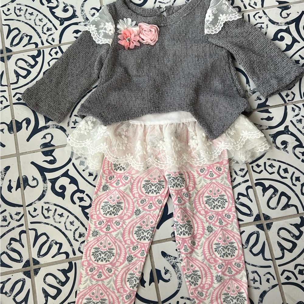 Gray and Pink Baby Outfit with Lace Details 12M